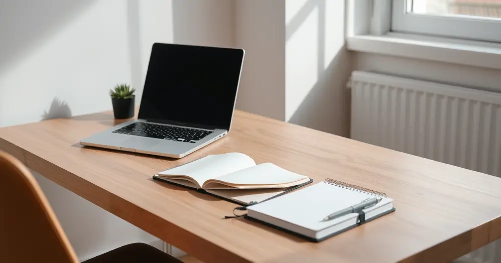 mesa de escritório com notebook aberto, caderno e caneta em ambiente claro