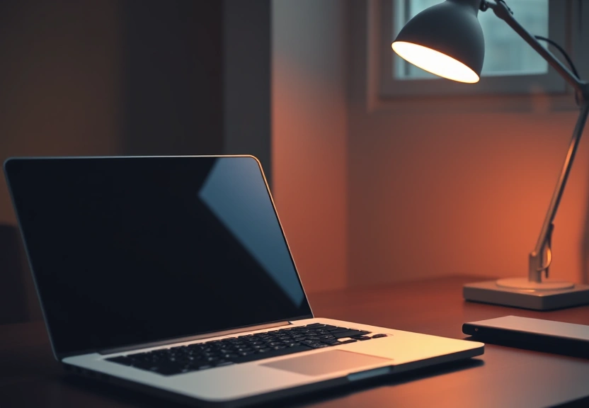 Notebook fechado sobre a mesa, ao lado de uma luminária acesa
