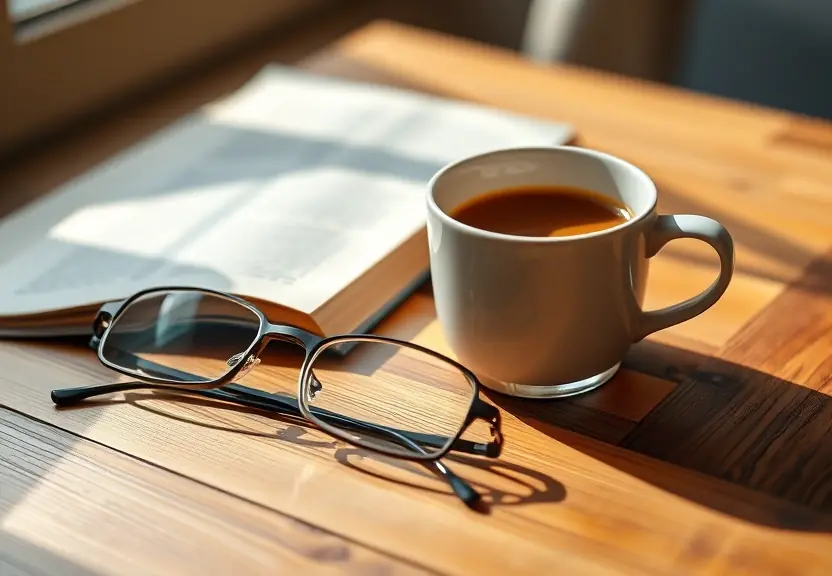 Xícara de café e um par de óculos de leitura sobre a mesa