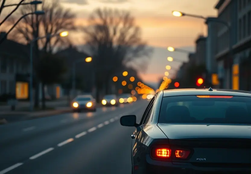 Carro estacionado numa rua tranquila ao anoitecer