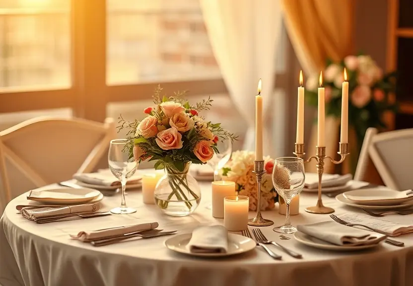 Mesa posta para uma pequena comemoração, com flores e velas