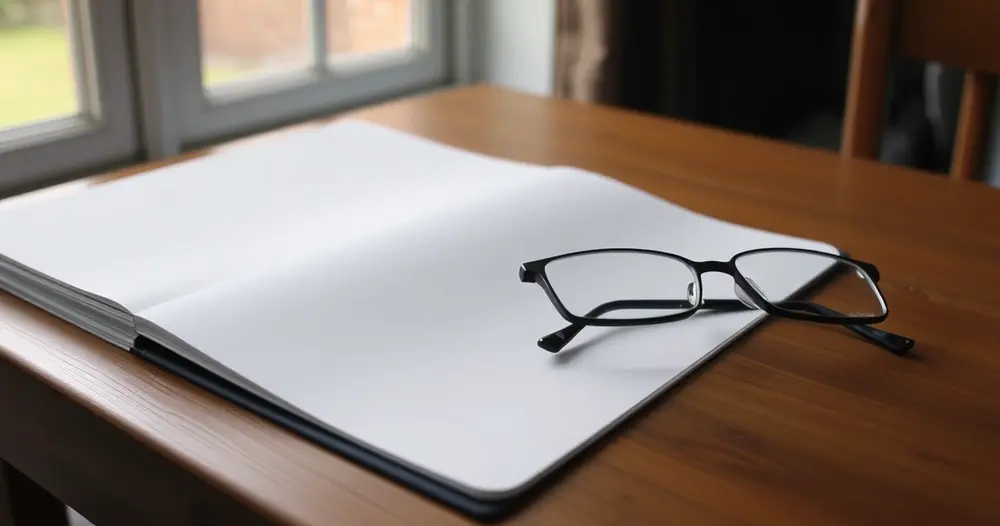 Mesa de madeira com caderno aberto em folhas em branco e óculos