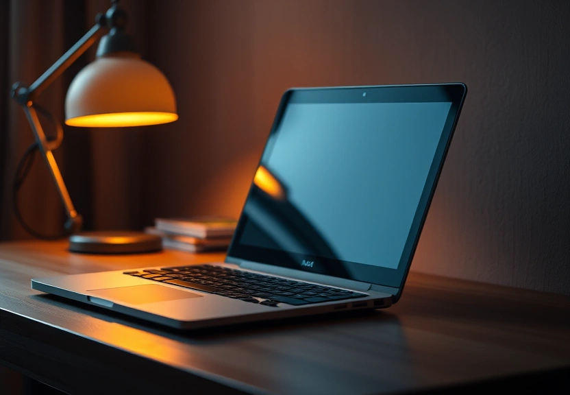 Notebook fechado sobre a mesa, ao lado de uma luminária acesa