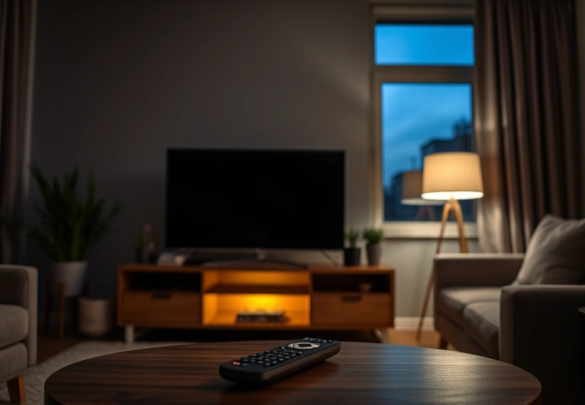 Televisão da sala ligada à noite, com o controle remoto sobre a mesa