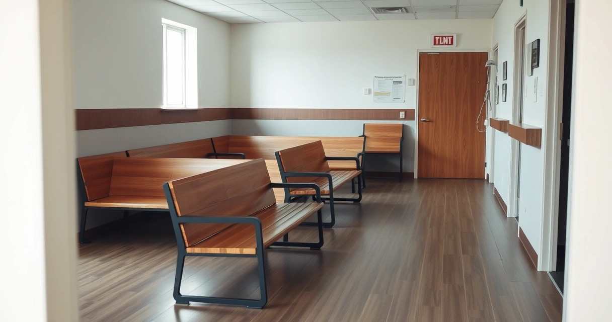 Sala de espera de clínica veterinária com bancos vazios e luz suave